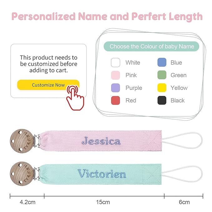 TYRY.HU Personalized Pacifier Clip with Name, Embroidery Ribbon Pacifier Holder for Baby Girls and Boys, Neutral Pacifier Leash Universally Fit All Pacifiers, 2 Pack Baby Gift(Pink, Green)