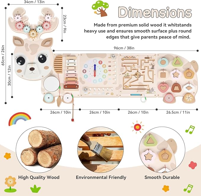 Reindeer Activity Wall Busy Board Panels, 12-in-1 Sensory Wall Panel for Kids, Toddler Montessori Learning Activity Center, Perfect for Toddler Playroom Nursery Classroom Dentist Waiting Room