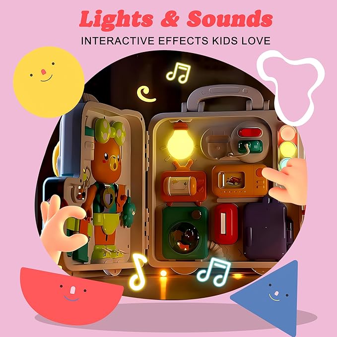 Montessori Busy Board for Toddlers 1-3, Baby Educational Activity Board with Lights & Music, Sensory Toys for Fine Motor Skills, Travel Toys for Airplane Cars, Gift for Boys Girls
