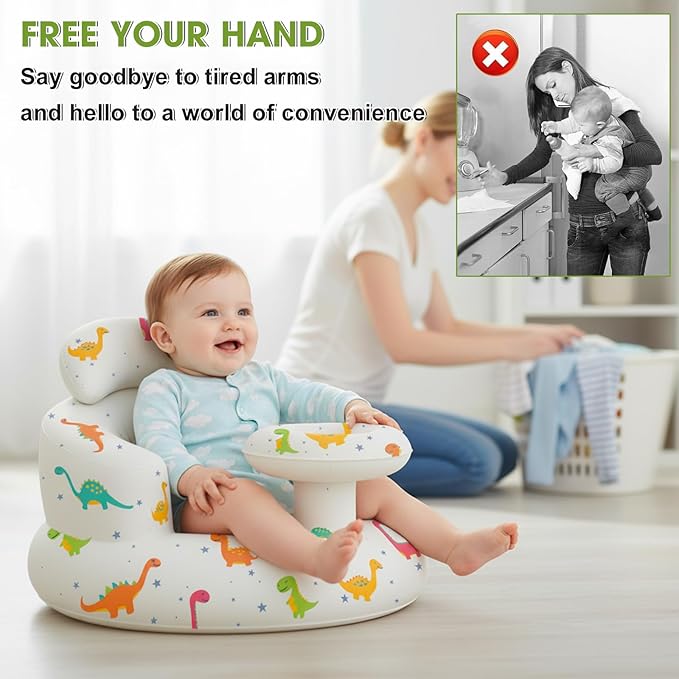 Inflatable Baby Seat with Tray and Built-in Air Pump, 3-36 Months Baby Floor Seat for Sitting Up, Portable Blow Up Baby Chair for Feeding, Travel, Beach (Dinosaur)