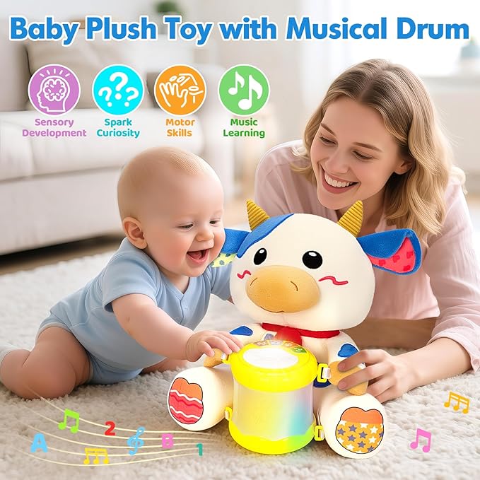 Hodurgyi Baby Toys 6-12 Months, Cow Musical Plush with Lights, ABCs, Animal Sounds, Numbers, Infant Early Learning Toy,Christmas Birthday Gifts for 6+ Month Boys &Girls