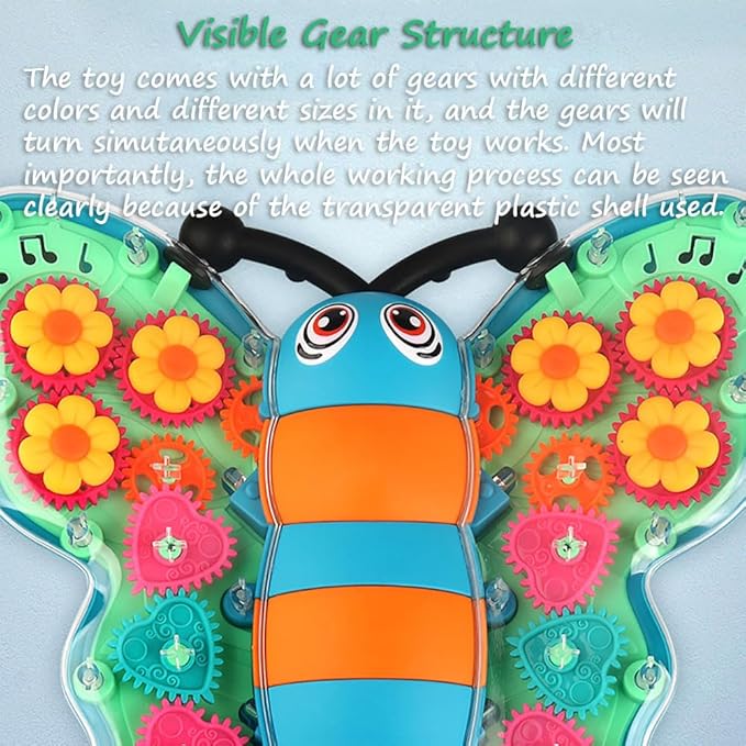 Miracland Transparent Gear Butterfly Toy, Light-up Bump & Go Car Toy Toddler Musical Toy 3D Gears Butterfly Crawling Toy for Kids with Lights and Music