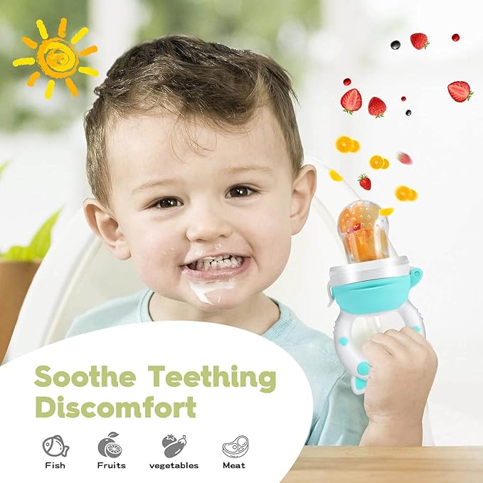 Baby Fruit Food Feeder Pacifier - Fresh Teething Pacifiers, Infant Fruit Teething Teether Toy for 3-24 Months, 6 Pcs Silicone Pouches for Toddlers & Kids & Babies, Piggy Handle 2-Pack (Pink)