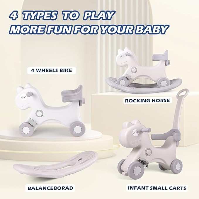 4 in 1 Rocking Horse for Toddlers 1-3 Years Old, Baby Rocking Toy Fun Birthday Gift for 1+ Kids, Ride on Toy with Detachable Balance Board and Footrest, Balance Bike with Push Handle, White