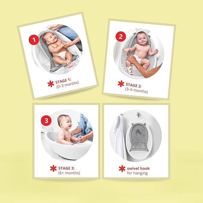 Skip Hop Baby Bath Tub, 3-Stage Smart Sling Tub, Moby, White & Moby Baby Bath Essential Set, Grey