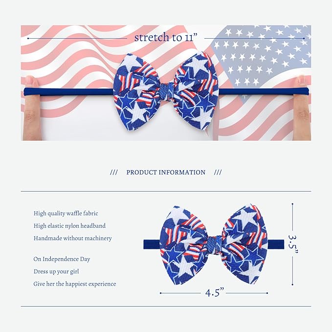 YanJie Fourth of July Patriotic Hair Accessories: Star Spangled Newborn Headbands, Nylon Bows for Infant Toddler Girls in Red, White & Blue