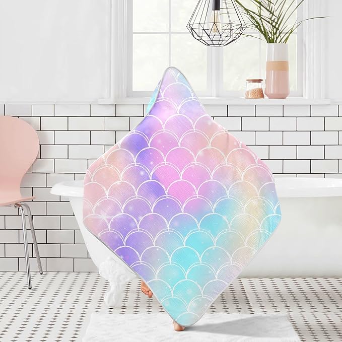 Pink Mermaid Princess Baby Boys Girls Bath Towel Purple Mermaid Scale Hooded Towels Newborn Toddlers Organic Cotton Washcloths Shower Beach Towel 35 x 35 Inch