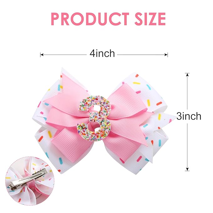 Birthday Hair Bow for Baby Girls 1 2 3 4 5 6 Years Sprinkle Decorations Confetti Ice Cream Party Pink Hair Accessories for 3rd Birthday