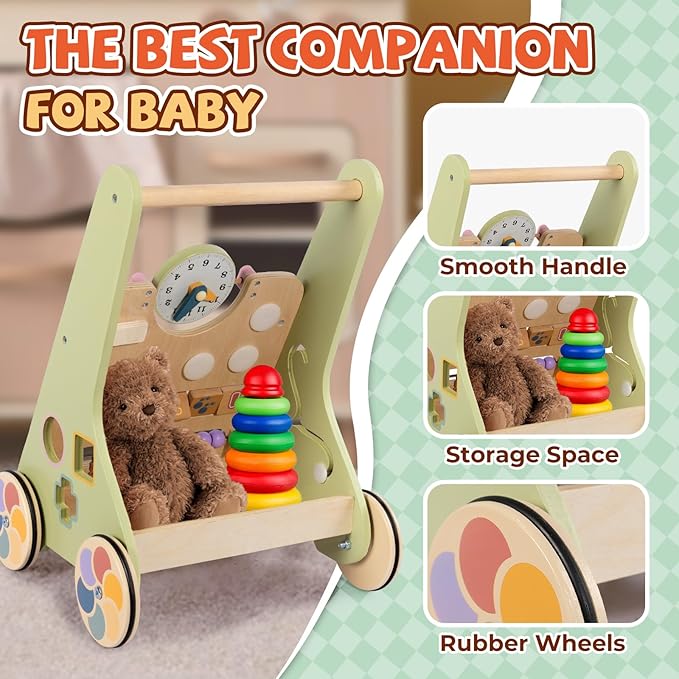 BAUTIA Wooden Baby Walker for 12 Months, Montessori Walker Push Toy for Toddlers Learning to Walk, Push Walker Baby Activity Center for Boys and Girls