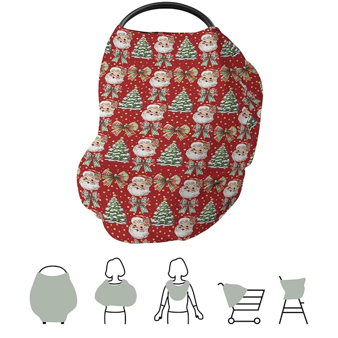 Christmas Santa Trees Car Seats Cover for Babies Santa Claus Red Green Bows Stretchy 5-in-1 Cover Adjustable Car Canopy Cover Winter Holiday Breathable Nursing Cover-Up