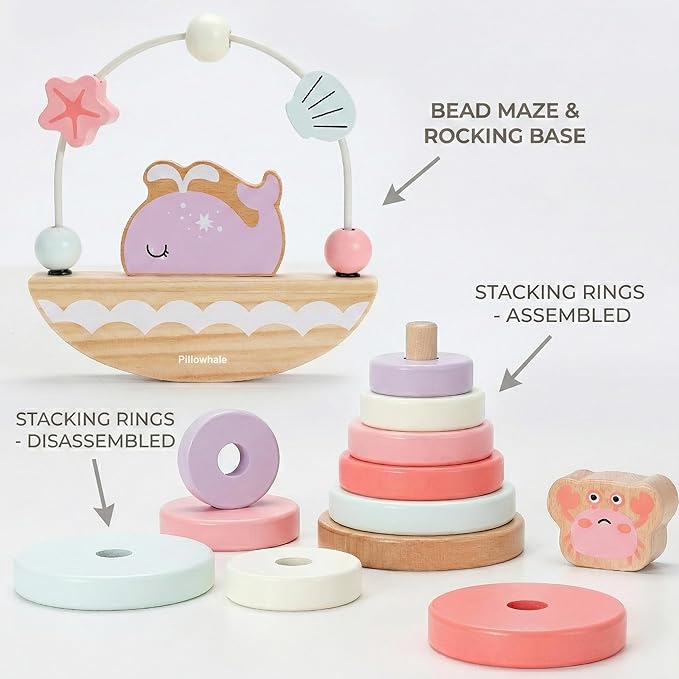 Pillowhale Montessori Wooden Toys Set for Toddlers 12M+ – 4-in-1 Educational Toy with Stacking Rings, Shape Sorter, Bead Maze & Push Car