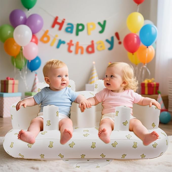 EKEPE Baby Inflatable Seat for Twins Babies 3 Month and Up, Side-by-Side Double Inflatable Floor Chair for Sitting Up with Built in Air Pump, Blow Up Baby Chair for Infants - Twins Bear