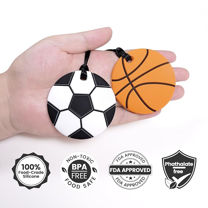 4 Pcs Silicone Sensory Chew Necklace Toy for Boys and Girls,Chewy Necklace for Kids with Autism, ADHD,Oral Motor,Biting Needs,Reduce Anxiety Fidgeting (Sports Balls)