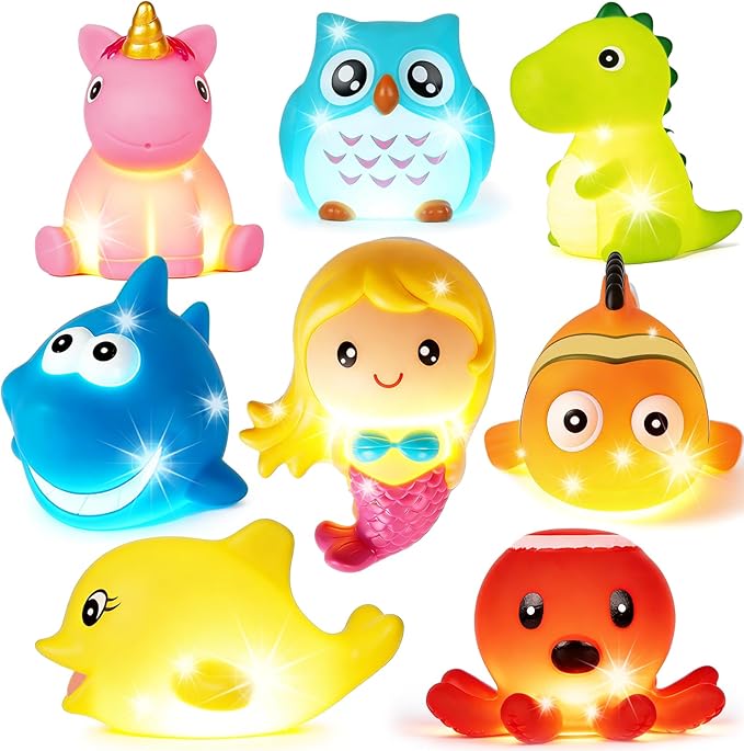 Bath Toys for Toddlers Baby 8 Pack Light Up Toys - Bathtub Toy Flashing Colourful LED Light Shower Bathtime for Kids Infants Shark, Clown Fish, Owl, Unicorn, Octopus, Dolphin, Dinosaur Mermaid
