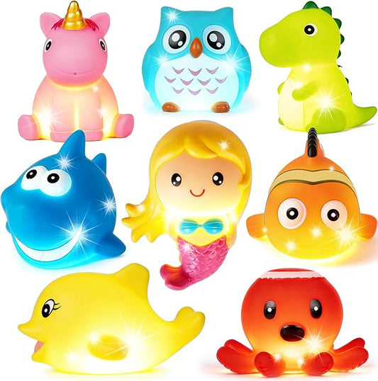 Bath Toys for Toddlers Baby 8 Pack Light Up Toys - Bathtub Toy Flashing Colourful LED Light Shower Bathtime for Kids Infants Shark, Clown Fish, Owl, Unicorn, Octopus, Dolphin, Dinosaur Mermaid