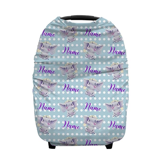 Personalized Watercolor Cute Elephant Baby Car Seat Covers with Name, Custom Nursing Cover Breastfeeding for Babies, Carseat Canopy for Boys Girls, Infant Stroller Cover, Breathable Carseats Cover