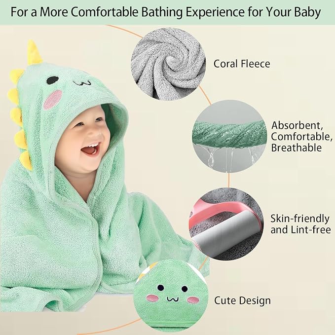 Hooded Baby Towel Set, 32x32 Inch Absorbent Bath Towels, 4 PCS Soft Hooded Towels, Perfect for Newborns, Toddlers, Babies, Essential Baby Bath Accessories (Green + Brown + White + Gray)