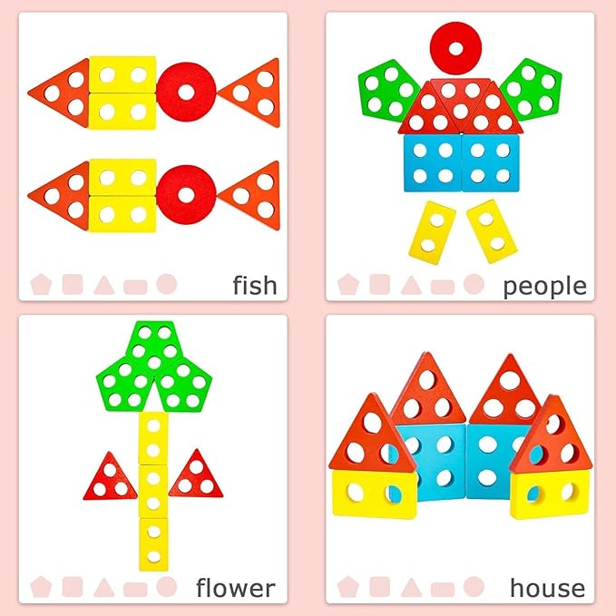 LovesTown Stacking and Sorting Learning Puzzles, Montessori Wooden Sensory Toys for Toddlers, 20 PCS