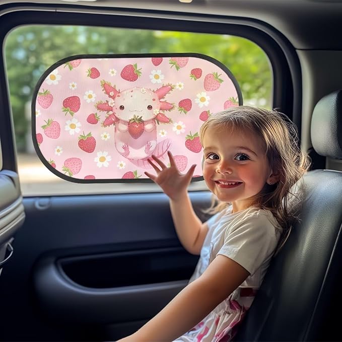 Bulopur Axolotl Strawberry Car Window Shades 2 PCS Auto Size Window Sunshade for Baby in Car Sun Protection and Sun Shade Blocker Easy to Install Universal Automotive Interior Accessories