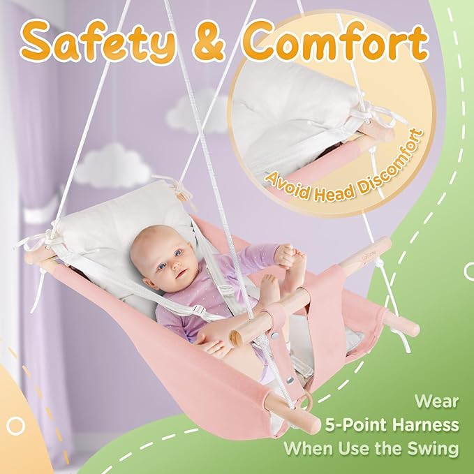 Canvas Baby Swing for Infants to Toddlers,Indoor Outdoor Wooden Hanging Swing Seat with Safety Belt and Mounting Hardware, Suitable for Ages Up to 3,Pink