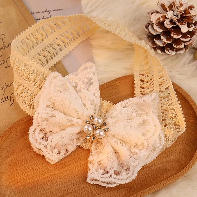 Lace Flower Bow-knot Baby Girls Headband Birthday Infant Wrap Elastic Baby Turban Hairband for Newborn Infant Toddler Kids (White pearl)
