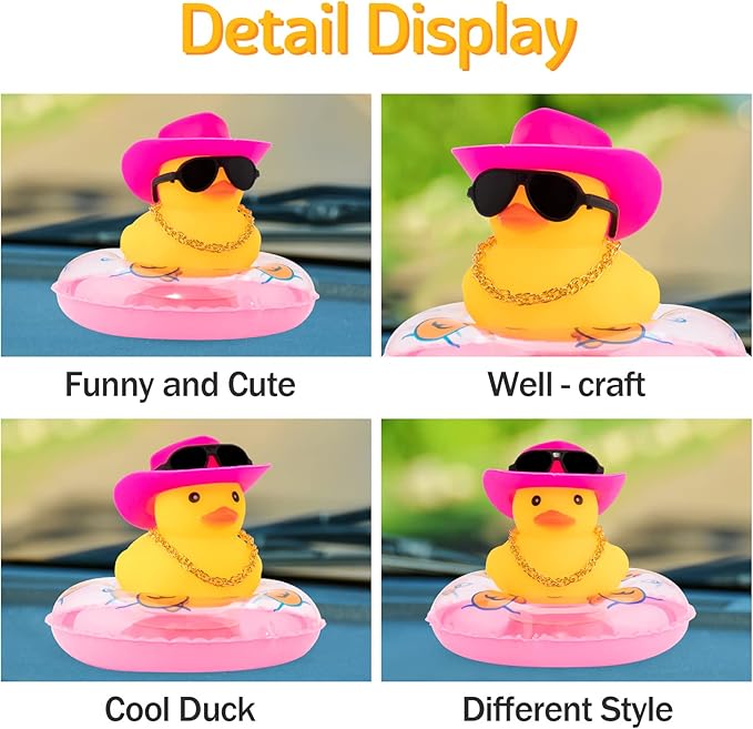 wonuu Car Rubber Duck, Yellow Duck Decoration Dashboard with Sun Hat Swim Ring Necklace Sunglasses for Car Dashboard Decorations