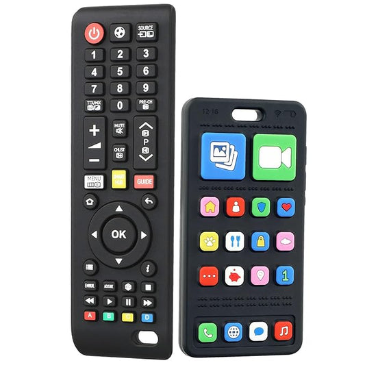 Baby Teether Toy Play Phone and TV Remote Control Shape Teething Toys for Babies 3-24 Months, Chew Toys for Infants Teething Relief, Freezer BPA Free