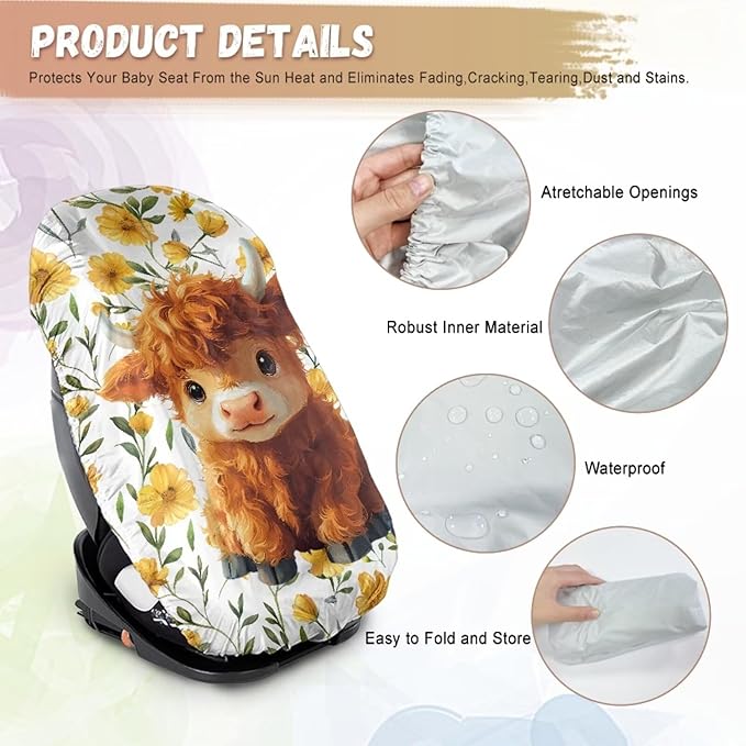 XYZCANDO Highland Cow Car Seat Cover Baby Travel Cartoon Western Car Seat Covers for Babies Girls Waterproof Car Seat Protector for Child Car Seat Novelty Car Accessories Gift for Holiday