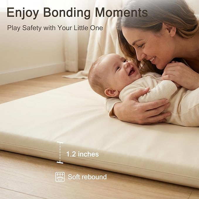 Vegan Leather Baby Play Mat, 71x59 Thicken Foam Play Mat for Infants and Toddlers, Padded & Cushioned Playpen Mat for 71x59 Playpens, 1.2" Thick, Cream