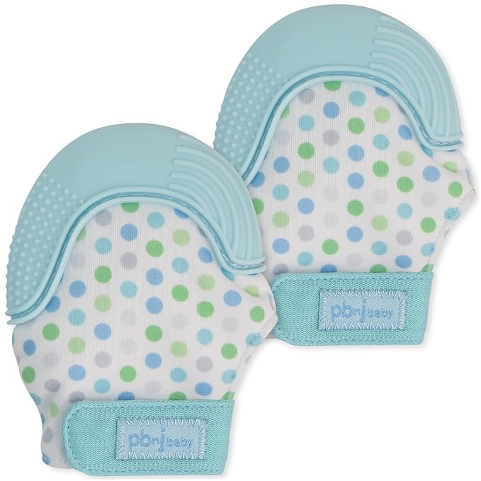 PBnJ Baby, Silicone Teether Glove, Baby Toys 0-6 Months, Mittens for Infants use as Teething Pacifier, Teething Toys 3-6 Months, Teethers for Babies 6-12 Mon, 6 Mo Old Must Haves - Blue Dot