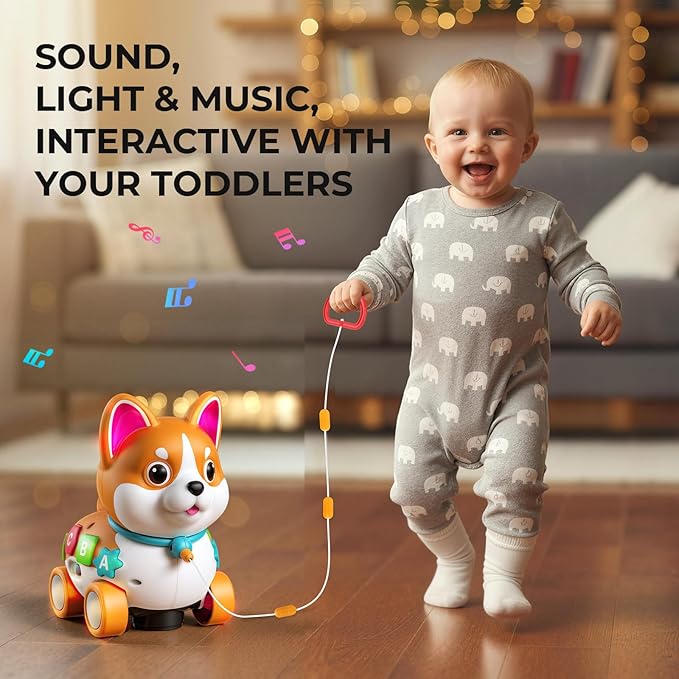 Musical Toys for 6 Month - 3 Year Old Boy Girl, Baby Toys Bilingual Educational with Music Light, Crawling & Walking Puppy for Birthday (Orange)