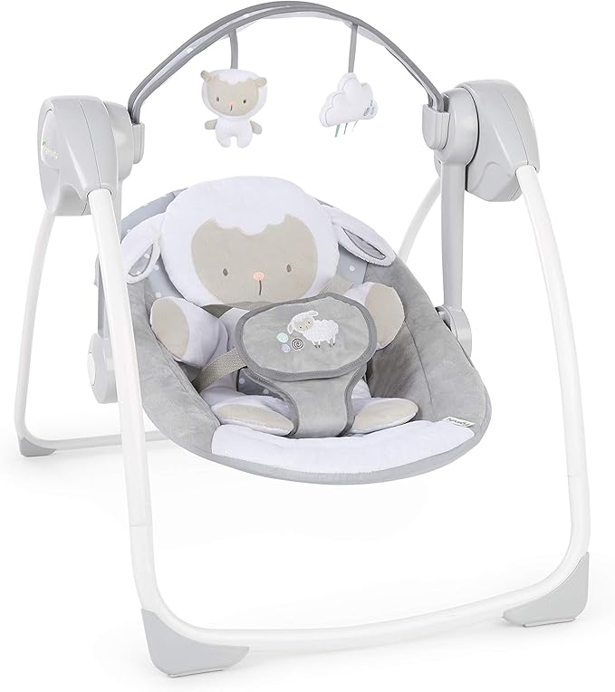 Ingenuity Comfort 2 Go Compact Portable 6-Speed Cushioned Baby Swing with Music, Folds Easy, 0-9 Months 6-20 lbs (Cuddle Lamb)