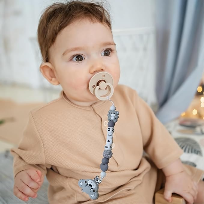 Custom Silicone Bead Personalized Pacifier Clip with Name for Baby, Customized Pacifier Clip Fits All Pacifiers (Bear.)