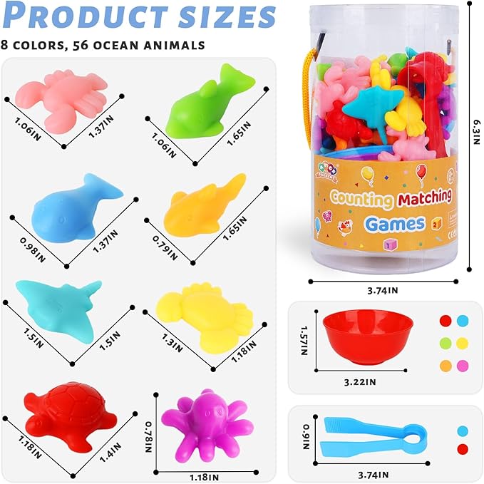 AMOR PRESENT Counting Animals for Toddlers 64 PCS Ocean Animal Matching Game Montessori Educational Color Sorting Toys