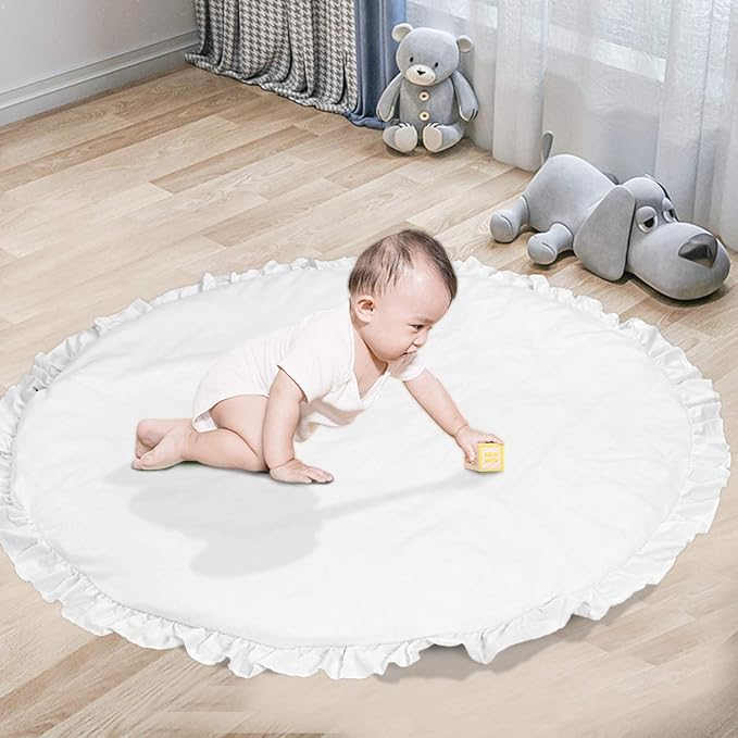 ABREEZE Baby Cotton Play Mat Soft Crawling Mat White Detachable Washable Game Blanket Floor Playmats Kids Infant Child Activity Round Rug Home Room Decor