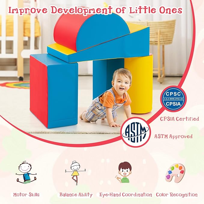 Costzon Climbing Toys for Toddlers, 5 Pieces Soft Foam Block Play Structures Infants Climbers for Child Development, Waterproof Indoor Crawl and Climb Foam Play Set for Kids Preschool Baby