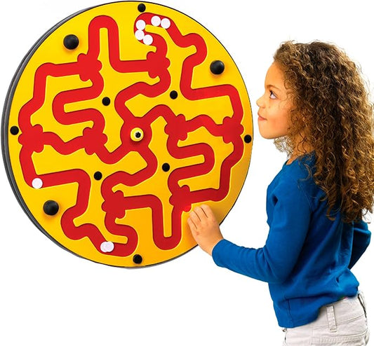 Amazer Toddler Wall Activity Board – Interactive Wall Activity for Kids – Colorful Rotating Maze Wheel Game – 22.5"x22.5", 21 lbs – Fun & Challenging Hands-On Play – Yellow on Red