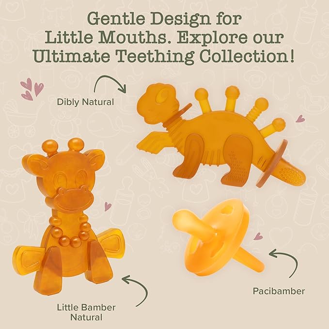 Bambeado PaciBamber Baby Pacifier - Natural Pacifier & Baby Teething Toy - Made with Natural Rubber and Baltic Amber Elements - Soft on Gums, Easy to Clean - Baby Pacifiers for 6-12 Months, 2 Units