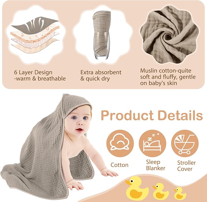 Peryiter 6 Pcs Muslin Hooded Baby Towels, 32"x 32" Cotton Newborn Bath Towel Muslin Infant Baby Blankets Absorbent Unisex Newborn Registry Gift Essentials for Girls Boys (Brown and Pink Series)