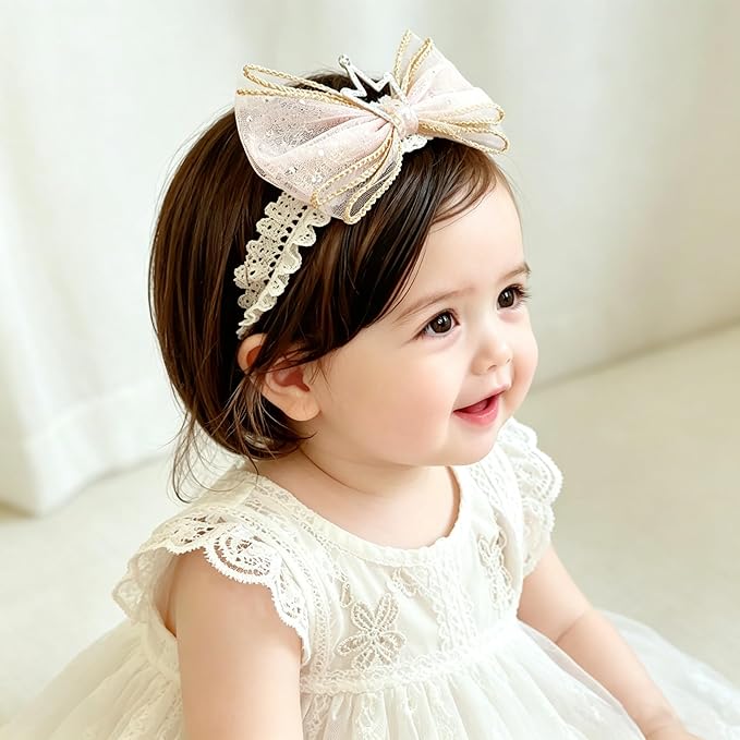 Baby Girls Hairbands Bow Lace Headband Handmade Soft Stretchy Pink Bowknot Hairbands Newborn Hairband with Bows Elastic Hair Bands for Kids Infant(Light Pink Crown Bow)