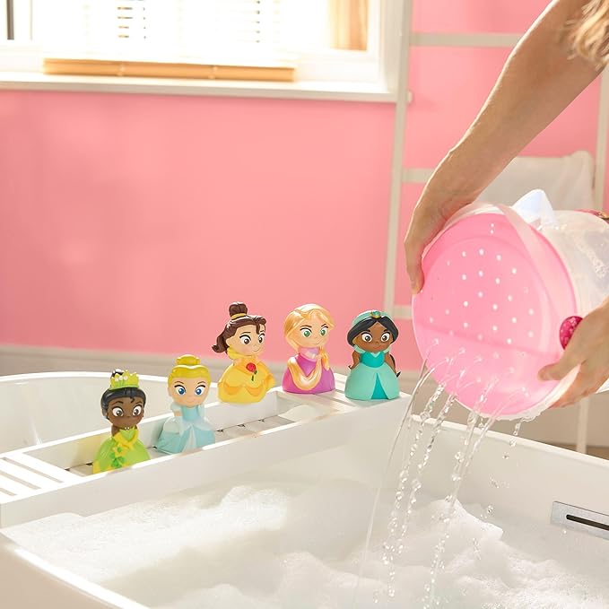 Disney Store Official Disney Princess Bath Toys Set - Includes 5 Detailed Toys with a Straining Storage Bucket - Bath Time Fun & Water Play Set for Kids