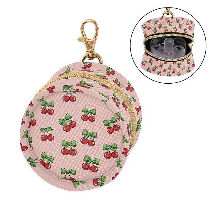 Cute Cherries Bows Pink Print Pacifier Holder Case for Diaper Bag Portable Travel Pacifier Storage Case with Clip Newborn Baby Pouch for Baby Boys Girls Purse Outdoor
