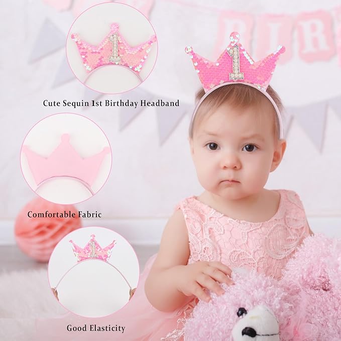 Pink Glitter 1st Birthday Girl Headband, Elastic Comfortable, Perfect for 1 Year Olds, Ideal Gift