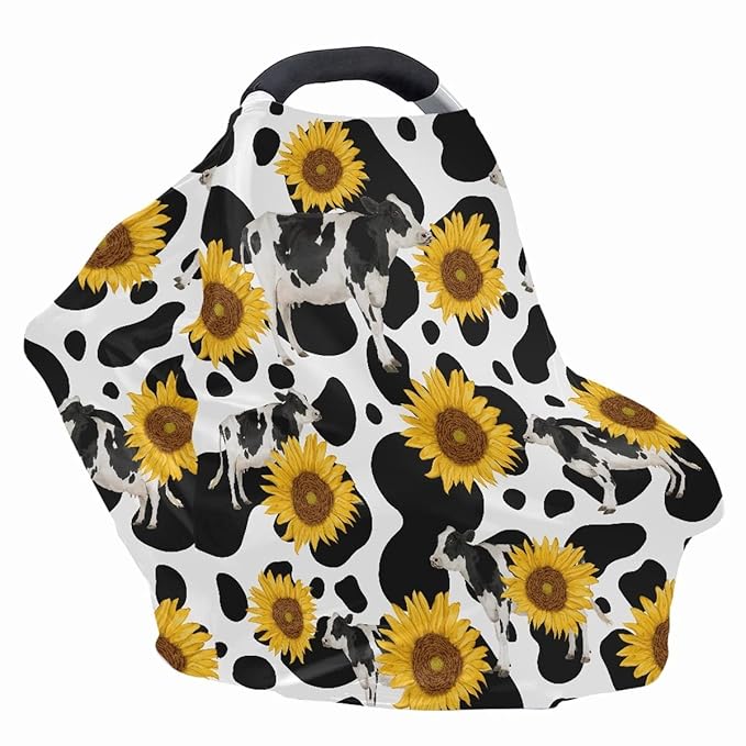 KIDVOVOU Baby Car Seat Cover Cow Sunflwers Print Elastic Shopping Cart Cover High Chair Cover Protector Breastfeeding Shawl