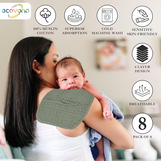 100% Cotton Baby Burp Cloths 10"x10" (8 Pack) Snuggle Comfort Muslin Washcloths - Newborn Baby Must Haves & Registry Gifts - Easy to Clean Cloth for Babies, New Born Boy & Girl (Fern)