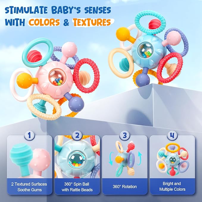Easter Baby Teething Toys for 0-6 6-12 Months, BPA Free Food Grade Silicone Teether, Infant Sensory Chew Rattles Toys, Perfect Baby Easter Basket Stuffers & Easter Gifts, Sky Blue