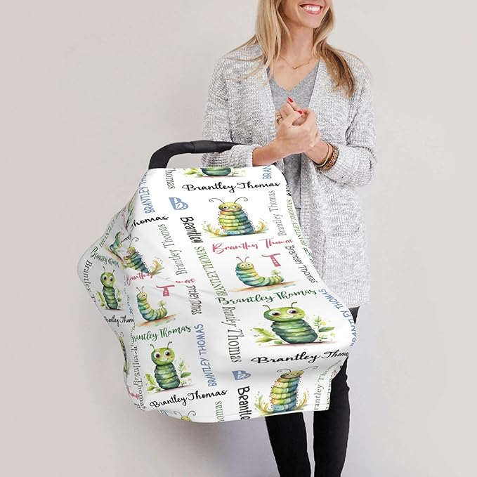 Personalized Baby Car Seat Cover with Name Stroller Canopy Custom Caterpillars Carseat Cover Newborn Baby Boy Girl Nursing Cover for Moms First Birthday Gift