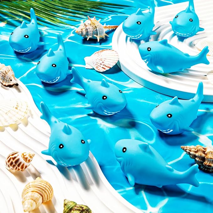 HFAYDZSW 70 Pcs Rubber Sharks for Kids, Blue Shark Bath Toys Cute Floating Squeaky Mini Rubber Sharks for Shower, Classroom Carnival Prizes, Cake Decoration