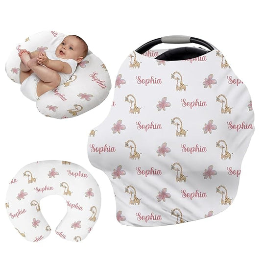 Personalised Infant Car Seat for New Parents - Baby Carseat Cover, Breast Feeding Pink Giraffe Print Cover, Multi -Function pad for Boys Girls Toddlers - Christmas Gifts for Parent Babies(27"x29")