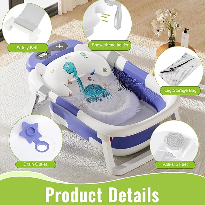 Baby Bathtub, Collapsible Baby Bathtub with Thermometer, Portable Travel Baby Bath Tub, Newborn to Toddler Baby Tub with Floating Soft Cushion, Suitable for Infants 0-36 Months (Blue)
